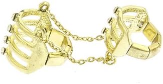 Goldtone Striped Full Finger Linked Chain Rhinestone Armor Knuckle Ring