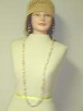 Js20, Hand Crocheted Camel Color Gimp Skull Cap Offered in Combination White and Ivory Long Pearl Necklace for Women and Teens