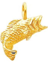 14K Yellow Gold Large Mouth Bass Fish Charm Pendant