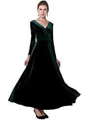 V-neck Winter Velvet Vintage Stretchy Full Length Maxi Dress 