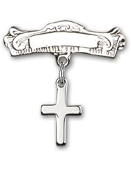 Sterling Silver Baby Badge with Cross Charm and Arched Polished Badge Pin