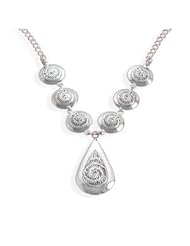 Teardrop and Round Polished and Antiqued Filigree Scroll Design Necklace Sterling Silver
