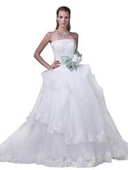 A-line Strapless  Floral Print Satin/Tulle Spring Fall Winter Applique Lace-Up   Ball Gown Wedding Dress  with a Chapel Train  With a Bow(s) and a Ribbon  and a Sash 