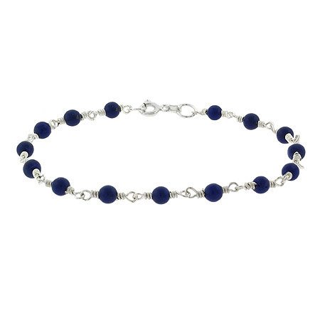 Sterling Silver .925 Genuine Lapis Stone Bead Link Bracelet