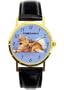 Pomeranian dog watch ladies size 1 inch dial. Gold tone case with black leather band.