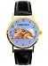 Pomeranian dog watch ladies size 1 inch dial. Gold tone case with black leather band.