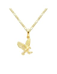 14K Yellow Gold Flying Eagle Charm Pendant with Yellow Gold 1.6mm Figaro Chain Necklace with Spring Clasp - Pendant Necklace Combination (Different Chain Lengths Available)