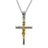 14K White And Yellow Gold Crucifix Pendant On Sterling Silver Box Chain