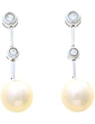 0.14CTW 14K White Gold Genuine Golden Pearl and Diamond Dangling Earrings
