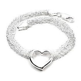 Sterling Silver Multi Strand Chain and Open Heart Bracelet - 7"