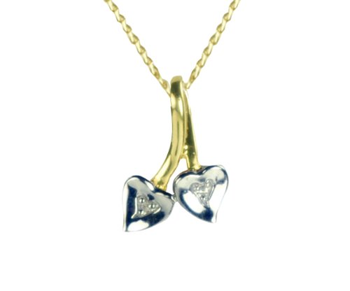 9ct 2 Colour Gold 2pts Diamond Joined Heart Pendant on 18 Curb Chain