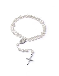 Rosary Beads of Rice White Pearls Silver Medal - Elegant Design Cross
