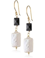 Gold over Silver White Rectangle Freshwater Cultured Pearl and Rectangle Black Onyx Drop Earrings