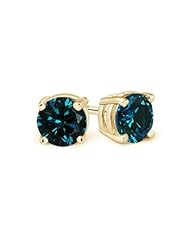 2 ct Enhanced Solitaire Blue Diamond Stud Earrings in Yellow Gold Quality Better