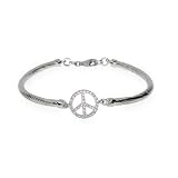 Eve's Addiction Sparkling Sterling Silver CZ Peace Sign Bracelet