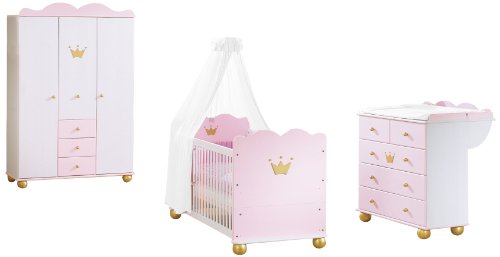 Pinolino 101655G - Kinderzimmer Prinzessin Karolin I, mit 3-t&uuml;rigem Kleiderschrank, Bett und Wickelkommode (ohne Textilien)