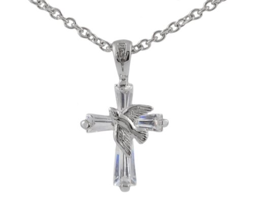 Sterling Silver CZ Christian Cross with Silver Dove on Chain