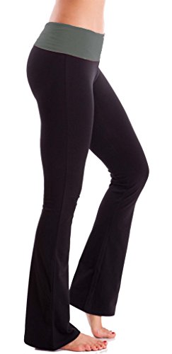 Foldover Contrast Waist Bootleg Flare Yoga Pants (Medium, Black/Charcoal)