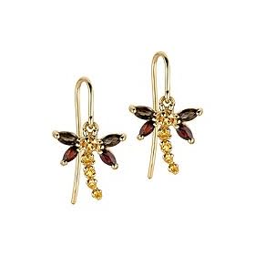10kt. Yellow Gold, Smoky Quartz, Garnet and Citrine Dragonfly Earrings by 