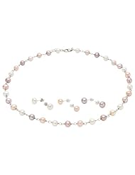 Sterling Silver Multi-Color Pearl Necklace and Earrings Set (6-7mm)