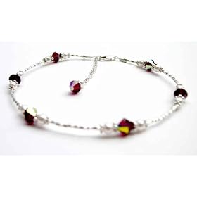Garnet – January .925 Sterling Silver Swarovski Crystal Ankle Bracelets – Adjustable Birthstone Beaded Anklets