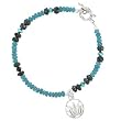 Blue Apatite Gemstone and Black Onyx Beaded Toggle Bracelet with Dangling Lotus Flower Charm in Sterling Silver, 7 1/2" Length, #7954