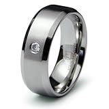 Men's Beveled Flat Center Edge CZ Steel Wedding Band Ring 8mm
