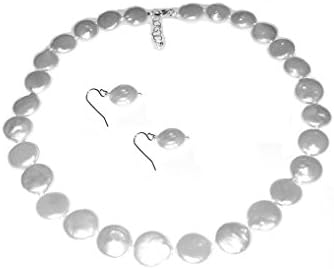 White Freshwater Cultured Pearl Coin Necklace, Handknotted, Earrings, 16 Inches