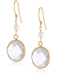 Faceted Pink Amethyst Quartz Round Shape Bezel with White Freshwater Cultured Pearl and Gold over Silver Ear Wire Drop Earrings