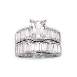 Sterling Silver Engagement or Wedding Band Ring Set with a 2.75ct Emerald-Cut CZ and Baguette Accents (Size 6,7,8,9)