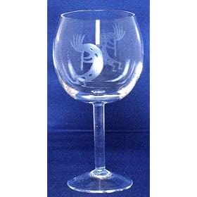 Individually Hand Etched Kokopelli Red Wine Glass 7 1/4"H Set / 4