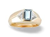 14K Yellow Gold Genuine Emerald-cut Aquamarine and Diamond Men's Ring