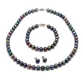 Black Freshwater Pearl Jewelry Set: 7.0 - 8.0mm AA+ by PearlsofJoy.com