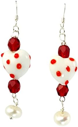 Polka Dot Earrings Glass Heart and Crystal Dangle Red and White Sterling Silver Ear Wire (White)