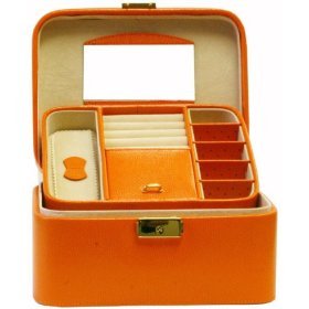 Genuine Orange Leather Jewelry, Watch Box Case with Removable Travel Tray