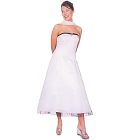Polysatin Tube A Line Tea Length w Contrast Band w Rhinestone Trim Evening Dress + Scarf