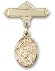14K Gold Baby Badge with St. Francis de Sales Charm and Polished Badge Pin