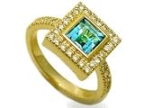 18K Yellow Gold Ring, Bezel Set with a Square-Shape Blue Topaz Color-Stone and Surrounded by Pave Set Diamonds.