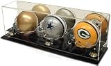 Triple Mini Helmet Display Case With Mirrored Back and Gold Risers