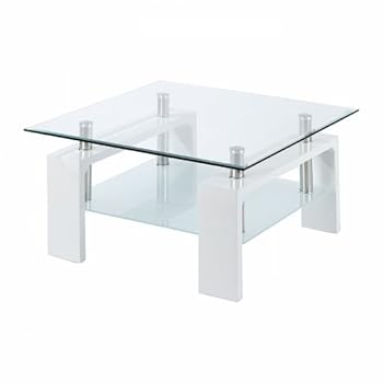 Table basse carrée blanc laqué plateau en verre SABA