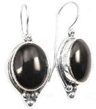 Sterling Silver Large BLACK ONYX Oval Hook Earrings
