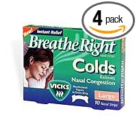 Breathe Right Nasal Strips with Vicks Mentholated Vapors for Colds, Large, 10-Count Boxes (Pack of 4)