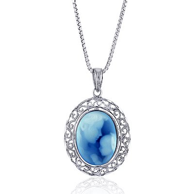 Sterling Silver Filigree Frame 14×10mm Blue Agate Mother Holding Baby Cameo Pendant W/22″ Adjustable Chain