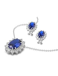 Sterling Silver Blue Sapphire CZ Fancy Oval Earring & Necklace Set