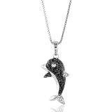 Sterling Silver White and Treated Black Diamond Dolphin Pendant with 18 Chain
