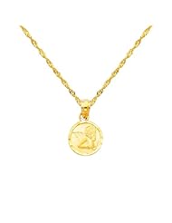 14K Yellow Gold Religious Angel Charm Pendant with Yellow Gold 1.2mm Singapore Chain with Spring Ring Clasp - Pendant Necklace Combination (Different Chain Lengths Available)