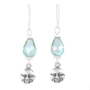 Man in the Moon Dangle Earrings in Sterling Silver with Blue Czech Glass Beads, #8177
