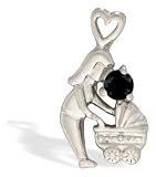 14K White Gold Genuine Round Black Onyx Mother with Child Pendant
