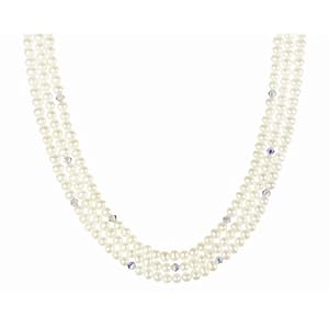 Gold Plated Sterling Silver Clasp with Crystallized Swarovski Elements AB Bicone April Birthstone Crystal Color and White Freshwater Cultured Pearl Beaded Necklace