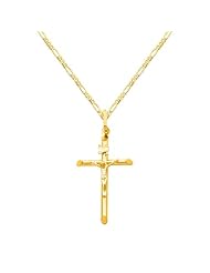 14K Yellow Gold Crucifix Cross Charm Pendant with Yellow Gold 2mm Figaro Chain Necklace with Lobster Claw Clasp - Pendant Necklace Combination (Different Chain Lengths Available)